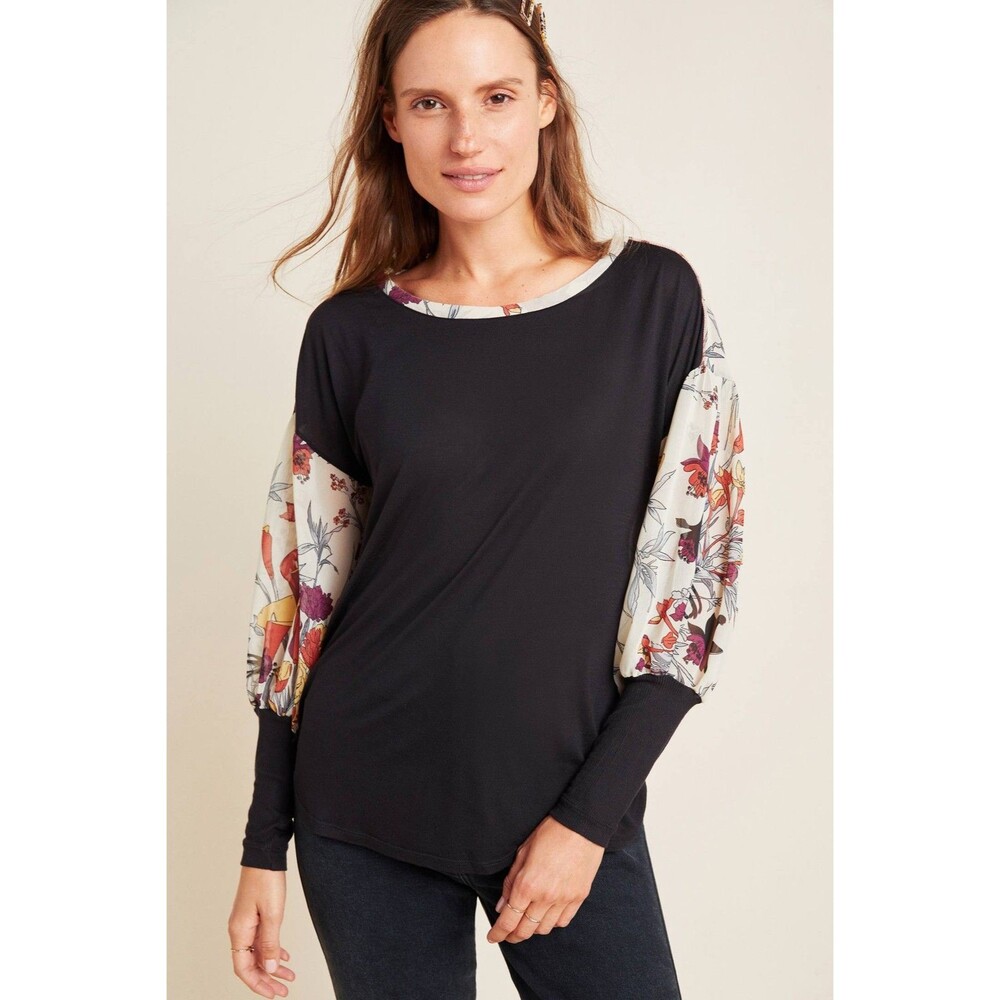 Anthropologie Tiny Raye Printed Top Womens XL Black Floral Balloon Sleeve Boho